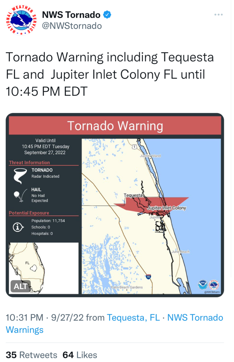 NWS Tornado tweeted a tornado warning for Tequesta and Jupiter Inlet Colony at 10:30 p.m. on Sept. 27.