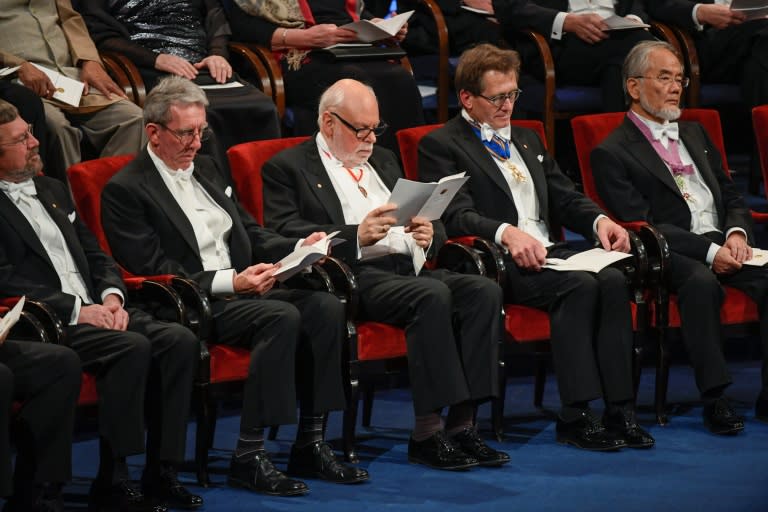 2016 Nobel laureates (from left) Michael Kosterlitz, physics, Jean-Pierre Sauvage, Sir J. Fraser Stoddart, Bernard L. Feringa, all chemistry, and Yoshinori Ohsumi, physiology or medicine, attend the 2016 Nobel Prize award ceremony