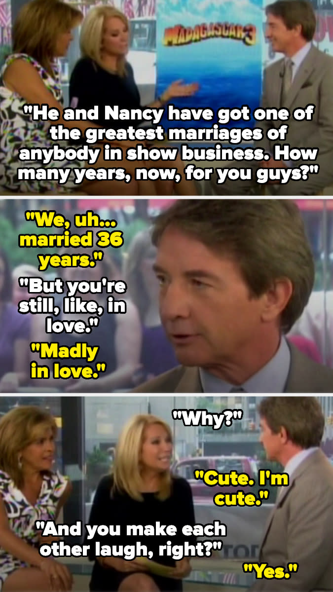 The image contains a TV interview with two panels showing a male and female guest responding to the host's questions about marriage and laughter