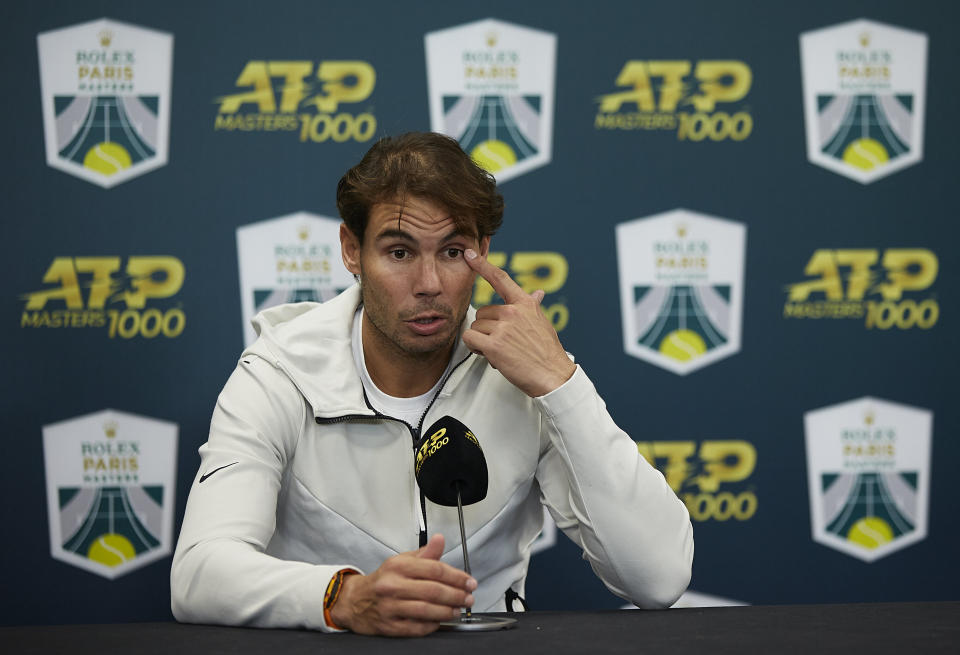 Nadal speaks at a press conference after withdrawing injured from his men's semifinal match against Denis Shapovalov at the Rolex Paris Masters on Nov. 2 in Paris. (Photo: Quality Sport Images via Getty Images)