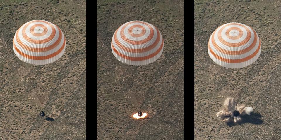 This montage of three frames shows the Soyuz TMA-17 spacecraft as it lands with Expedition 23 Commander Oleg Kotov and Flight Engineers T.J. Creamer and Soichi Noguchi near the town of Zhezkazgan, Kazakhstan on Wednesday, June 2, 2010. NASA Astronaut Creamer, Russian Cosmonaut Kotov and Japanese Astronaut Noguchi are returning from six months onboard the International Space Station where they served as members of the Expedition 22 and 23 crews. Photo Credit: (NASA/Bill Ingalls)