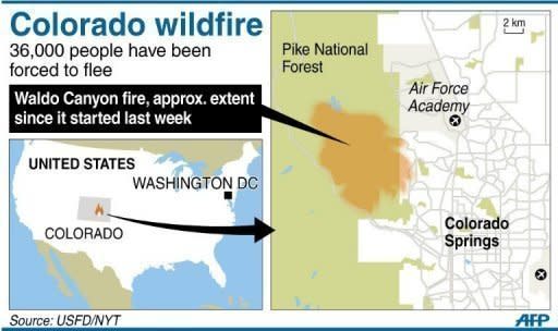 A map showing Colorado Springs in the United States where 36,000 people have been forced to flee since a wildfire started at the weekend. US firefighters reported progress Saturday in containing a deadly blaze that has killed two and left hundreds homeless in Colorado, as President Barack Obama hailed their efforts