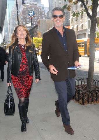 <p>Arnaldo Magnani/Getty </p> Jane Seymour and Pierce Brosnan in New York City on Oct. 28, 2010