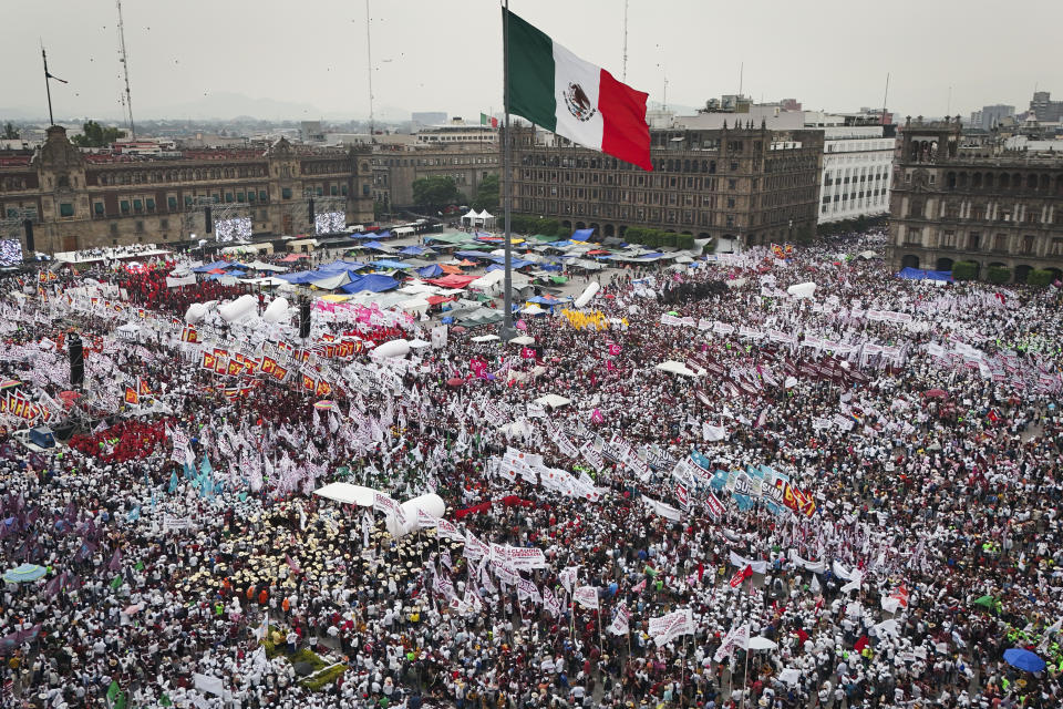 Supporters of presidential candidate Claudia Sheinbaum crowd the Zocalo during her closing campaign rally in Mexico City, Wednesday, May 29, 2024. Mexico's general election is set for June 2. (AP Photo/Matias Delacroix)