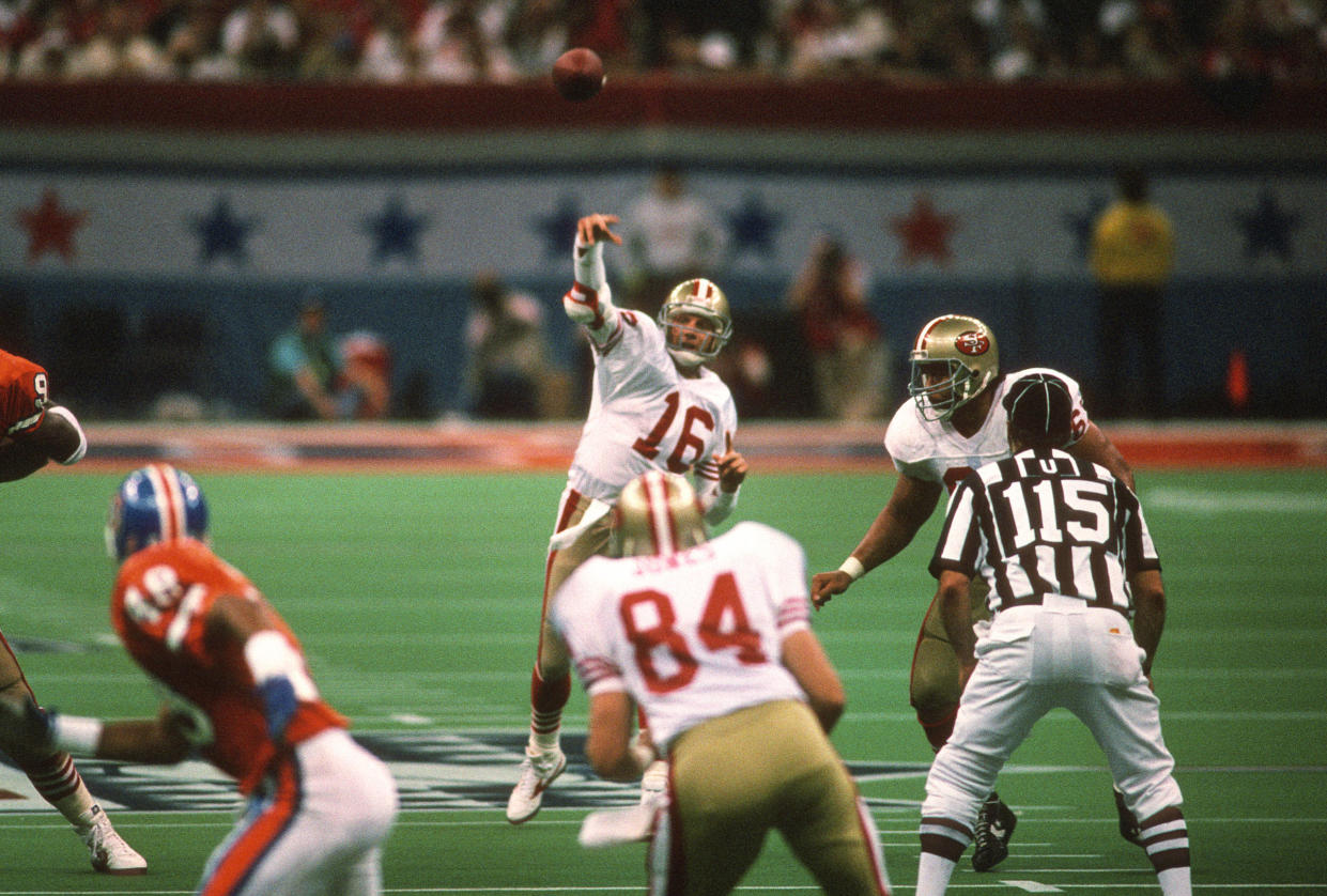 Joe Montana throws a pass against the Denver Broncos during Super Bowl XXIV on Jan. 28, 1990.<span class="copyright">Focus on Sport/Getty Images</span>