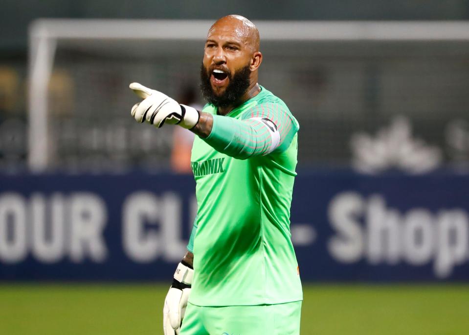 Memphis 901's Tim Howard yells out to the referee during their match against Charlotte Independence on July 25, 2020.