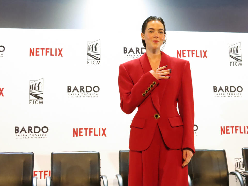 La actriz mexicana Ximena Lamadrid posa durante una conferencia de prensa para promover la película "Bardo" en el Festival Internacional de Cine de Morelia en Morelia, México, el sábado 22 de octubre de 2022. (Foto AP/ Berenice Bautista)