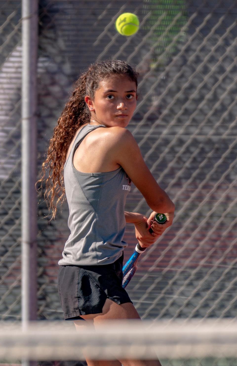 Mt. Whitney’s Summer Herrera plays against El Diamante’s Remi Perez in the #1 singles tennis match Tuesday, April 20, 2021.