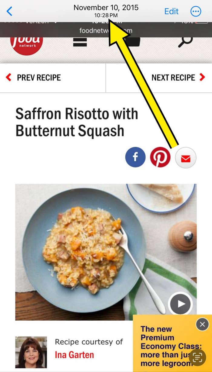 Arrow pointing to November 10, 2015, timestamp on a screenshot on a phone of Ina Garten's saffron risotto with butternut squash