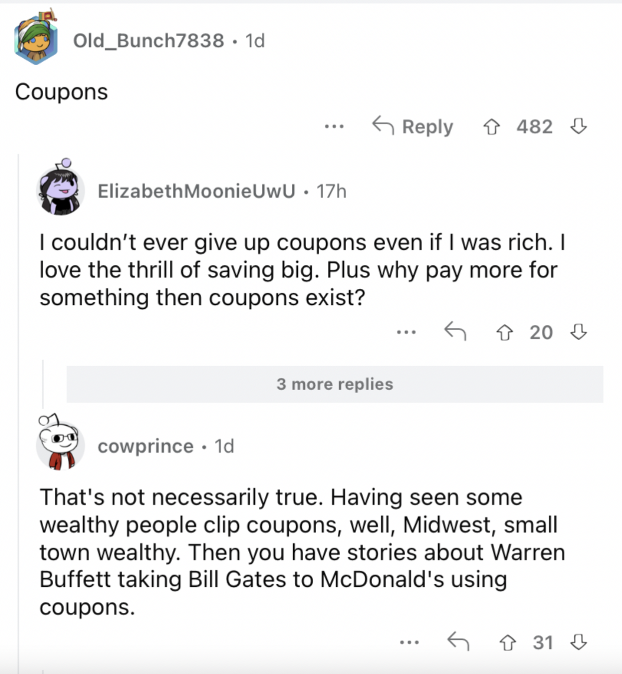 Reddit screenshot about poor people having more coupons.