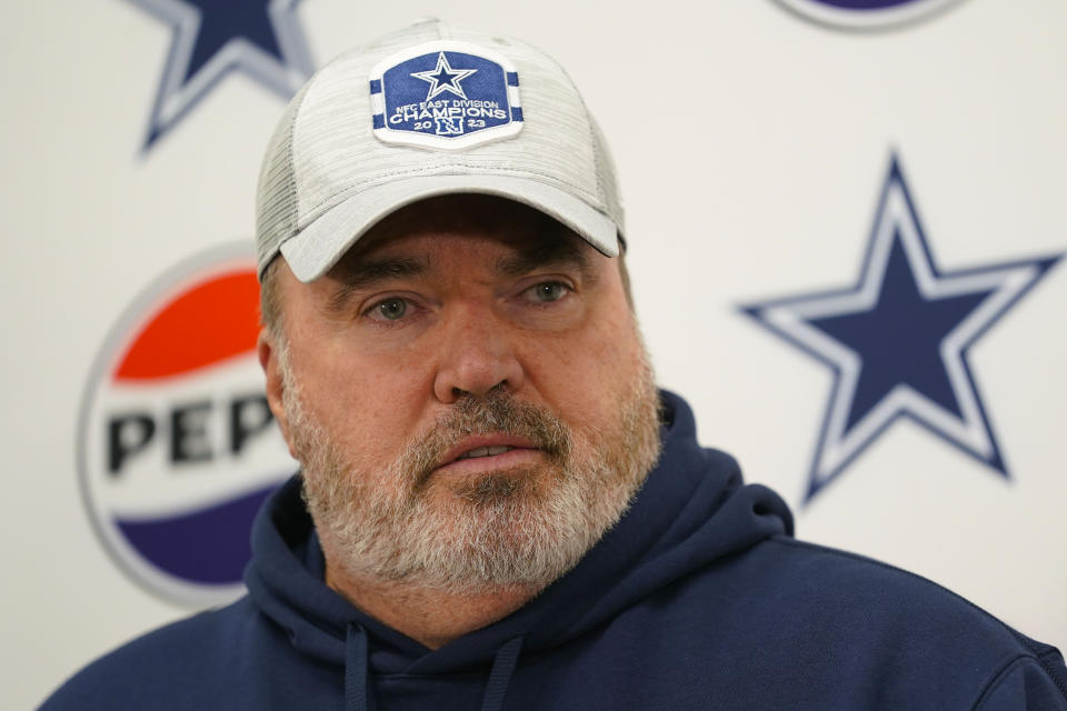 Dallas Cowboys head coach Mike McCarthy speaking during a press conference after an NFL football game against the Washington Commanders, Sunday, Jan. 7, 2024, in Landover, Md. Dallas won 38-10. (AP Photo/Susan Walsh)