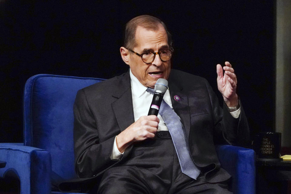 FILE - Rep. Jerry Nadler speaks at the NY-12 Candidate Forum Wednesday, Aug. 10, 2022, in New York. Nadler is running in New York's 12th Congressional District Democratic primary against Attorney Suraj Patel and Rep. Carolyn Maloney which will be held on Tuesday, Aug. 23, 2022. (AP Photo/Frank Franklin II, File)