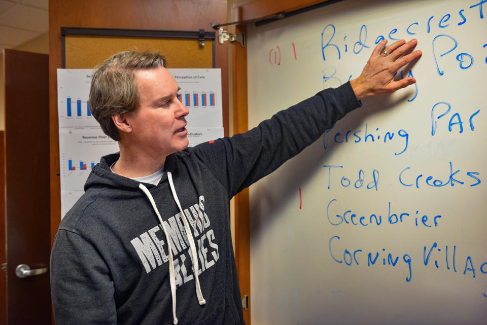 In this image provided by Youth Villages, Pat Lawler, chief executive officer of the non-profit Youth Villages, speaks at a meeting in Memphis on Thursday, Dec. 1, 2022. For Lawler, the gun deaths that bedeviled Memphis in 2020 was a breaking point. (Matt Mauck/Youth Villages via AP)