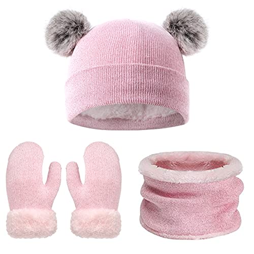 3Pcs Kids Winter Knitted Hat Scarf Gloves Set with Warm Fleece Lined Christmas Gift for Children Girls Boys of 3-6 Years