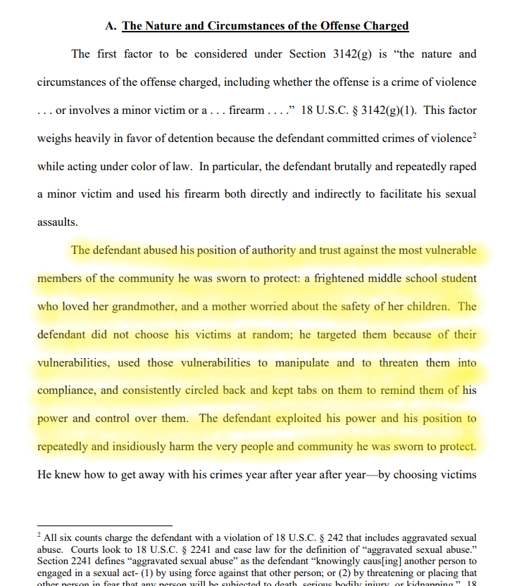 One page of a motion by federal prosecutors arguing that former Detective Roger Golubski is too dangerous to be released while his criminal case is pending. A judge denied the motion, allowing Golubski to be released on Monday, Sept. 19, 2022.