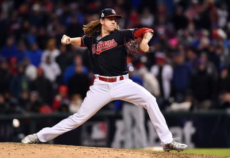 Oct 26, 2016; Cleveland, OH, USA; Cleveland Indians pitcher Mike Clevinger throws a pitch against the Chicago Cubs in the 9th inning in game two of the 2016 World Series at Progressive Field. Mandatory Credit: Ken Blaze-USA TODAY Sports