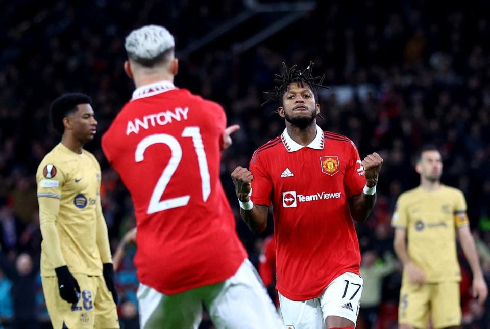 Antony and Fred celebrate Manchester United’s winning goal against Barcelona (Reuters)