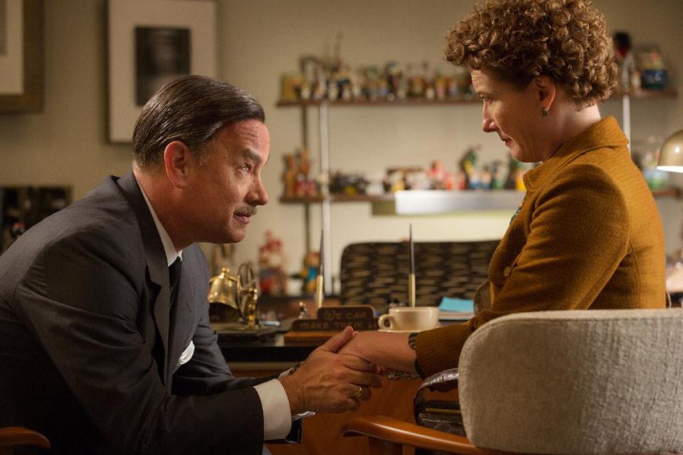 This image released by Disney shows Tom Hanks as Walt Disney, left, and Emma Thompson as author P.L. Travers in a scene from "Saving Mr. Banks." (AP Photo/Disney, François Duhamel)