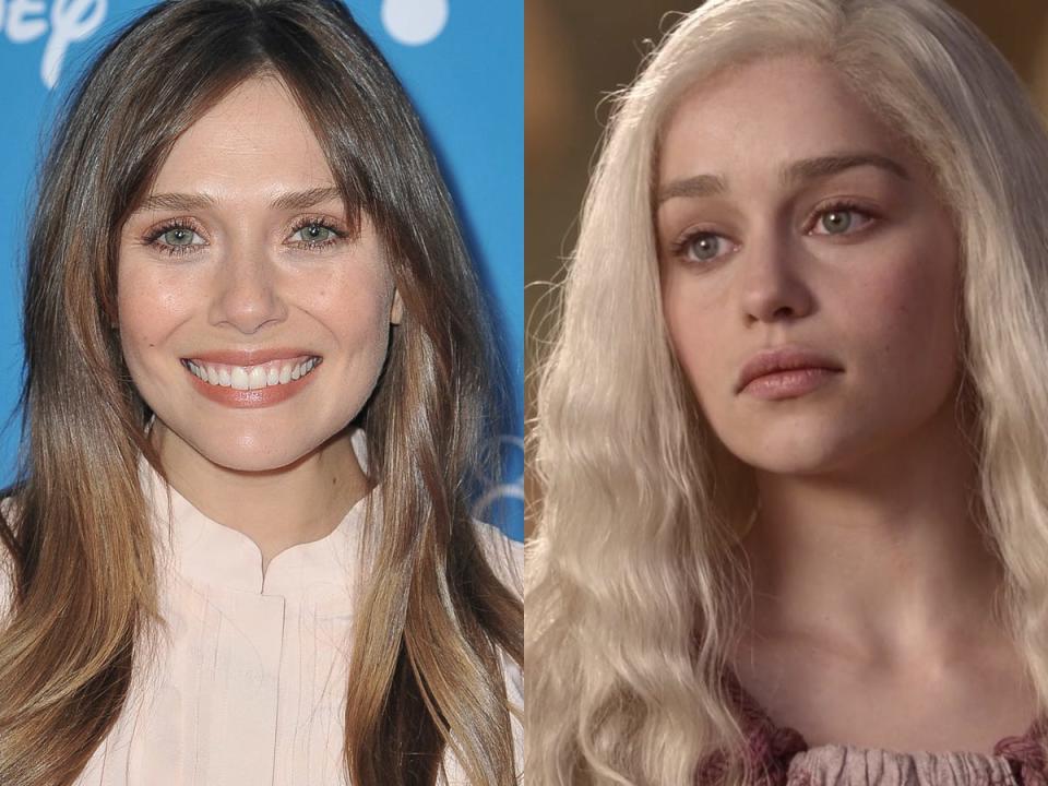 (left) elizabeth olsen posing on red carpet at D23 expo in 2019 (right) Daenerys from game of thrones