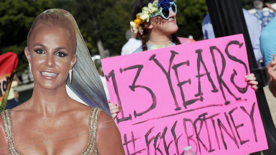 a brtiney spears cutout next to a fan holding a sign that says free britney