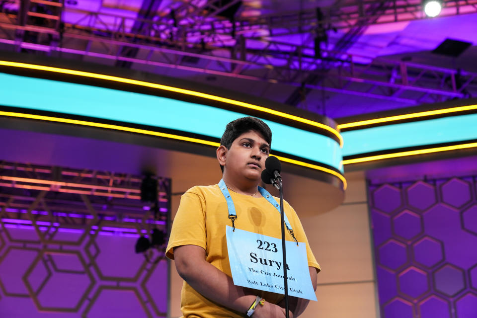 Surya Kapu, 13, from South Jordan, Utah, competes during the Scripps National Spelling Bee, Wednesday, June 1, 2022, in Oxon Hill, Md. (AP Photo/Alex Brandon)