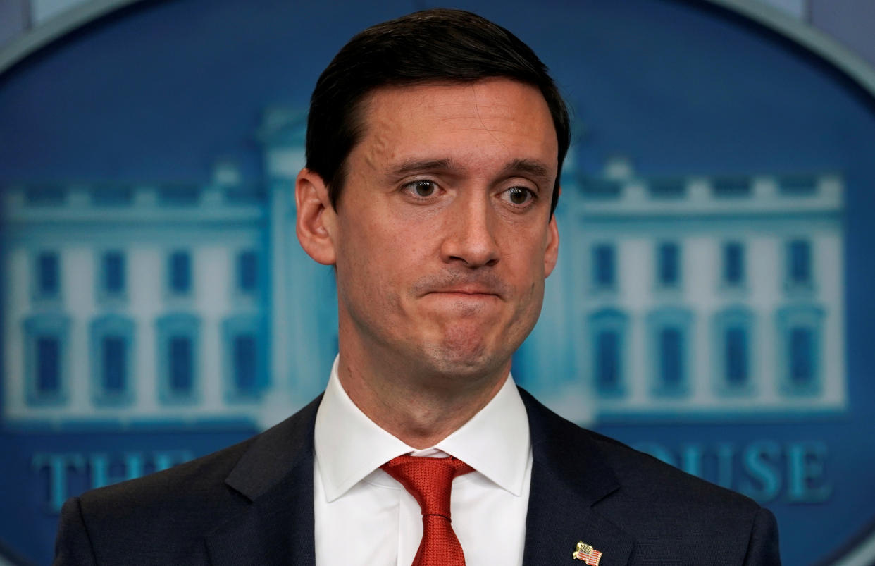 Tom Bossert, homeland security adviser, purses his lips in the White House press room.