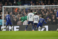 Chelsea's Trevoh Chalobah, not seen, scores his side's opening goal during the English Premier League soccer match between Chelsea and Tottenham Hotspur at Stamford Bridge stadium in London, Thursday, May 2, 2024. (AP Photo/Kirsty Wigglesworth)