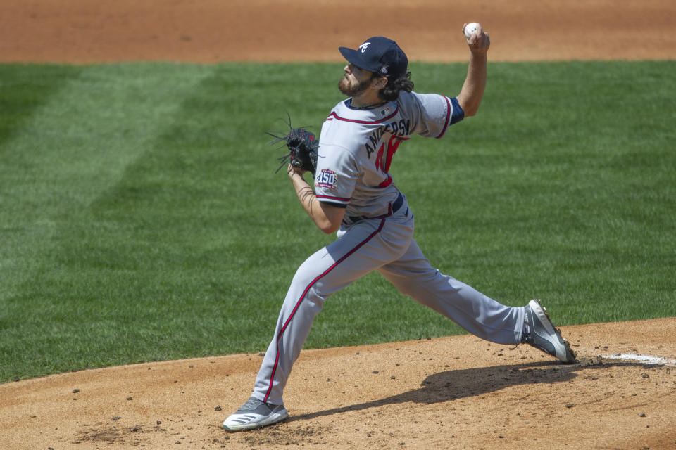 Atlanta Braves starting pitcher Ian Anderson throws during the first inning of a baseball game against the Philadelphia Phillies, Sunday, April 4, 2021, in Philadelphia. (AP Photo/Laurence Kesterson)