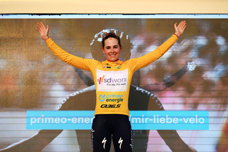 WEINFELDEN SWITZERLAND  JUNE 17 Kata Blanka Vas of Hungary and Team SD Worx celebrates at podium as Yellow Leader Jersey winner during the 3rd Tour de Suisse Women 2023 Stage 1 a 56km stage from Weinfelden to Weinfelden  UCIWWT  on June 17 2023 in Weinfelden Switzerland Photo by Dario BelingheriGetty Images