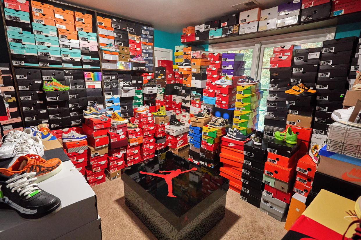 Earl West's sneaker collection. (Matt Odom for NBC News)