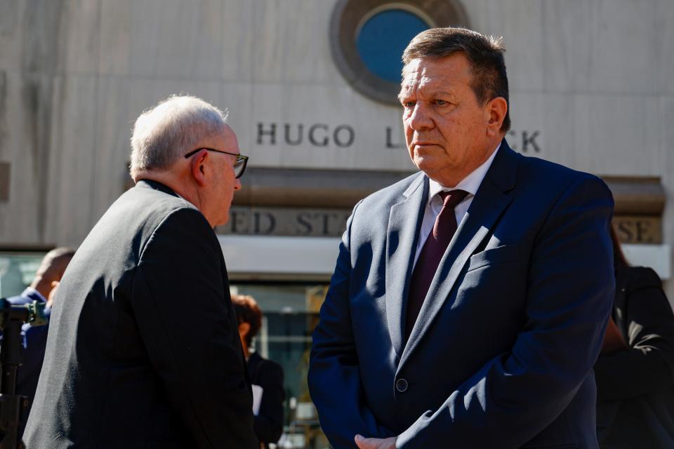 Dave Holloway, father of Natallee Holloway walks out of the courthouse after the appearance of Joran van der Sloot outside the Hugo L. Black Federal Courthouse Wednesday, Oct. 18, 2023, in Birmingham, Ala. Van der Sloot, the chief suspect in Natalee Holloway’s 2005 disappearance in Aruba admitted he killed her and disposed of her remains, and has agreed to plead guilty to charges he tried to extort money from the teen's mother years later, a U.S. judge said Wednesday. (AP Photo/ Butch Dill )