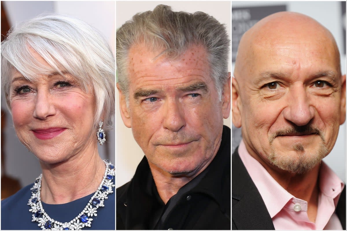 The three actors revealed as ‘The Thursday Murder Club’ lead actors: Mirren, Brosnan and Kingsley (Getty Images)