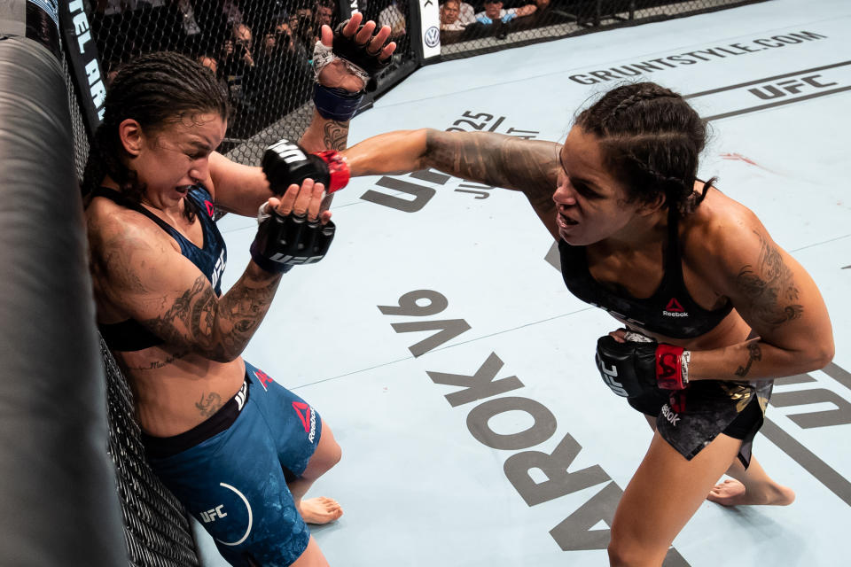 Amanda Nunes left Raquel Pennington bloodied and battered Saturday for a TKO win to defend her bantamweight title at UFC 224. (Getty)