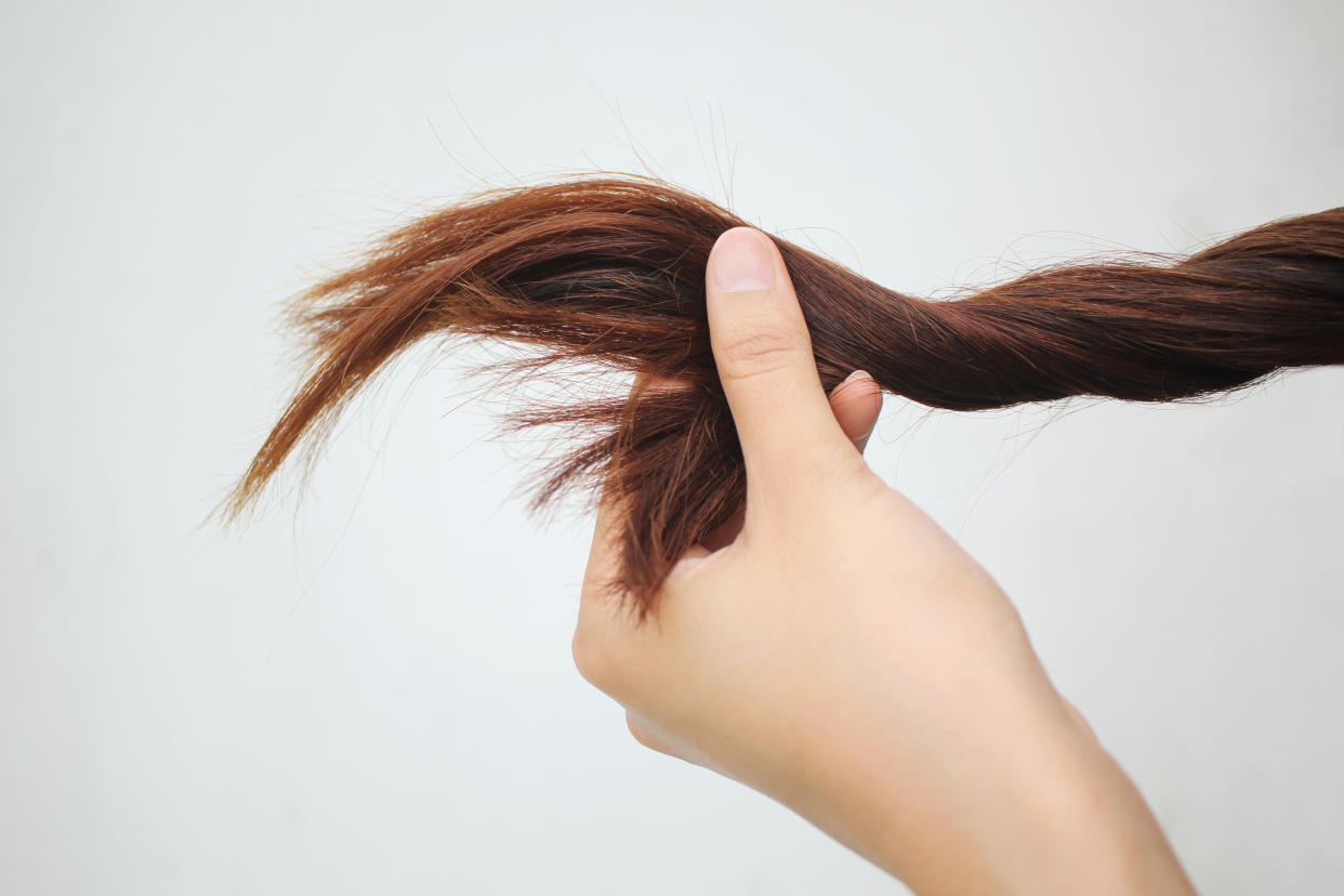 Woman holding at damaged splitting ends of hair, Haircare concept