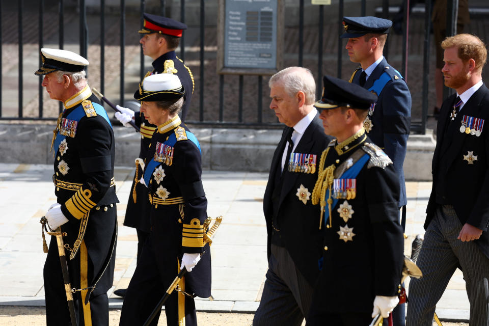 LONDON, ENGLAND - SEPTEMBER 19: Prince William, Prince of Wales, King Charles III, Princess Anne, Princess Royal, Prince Andrew, Duke of York and Prince Harry, Duke of Sussex leave after the State Funeral of Queen Elizabeth II on September 19, 2022 in London, England.  Elizabeth Alexandra Mary Windsor was born in Bruton Street, Mayfair, London on 21 April 1926. She married Prince Philip in 1947 and ascended the throne of the United Kingdom and Commonwealth on 6 February 1952 after the death of her Father, King George VI. Queen Elizabeth II died at Balmoral Castle in Scotland on September 8, 2022, and is succeeded by her eldest son, King Charles III. (Photo by Hannah McKay - WPA Pool/Getty Images)