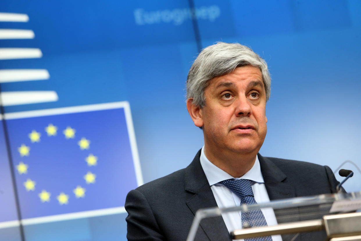 Portuguese Finance Minister and Eurogroup chief Mario Centeno gives a speech during a press conference following a General Affairs Council meeting at the EU headquarters in Brussels on February 17, 2020. (Photo by François WALSCHAERTS / AFP) (Photo by FRANCOIS WALSCHAERTS/AFP via Getty Images)