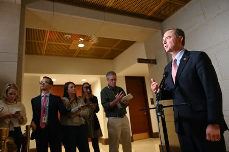 Rep. Schiff speaks to reporters after a closed-door deposition by former U.S. ambassador to Ukraine Yovanovitch on Capitol Hill in Washington