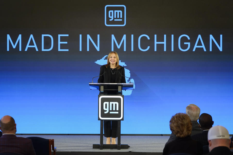 Mary Barra, General Motors CEO, speaks during a news conference in Lansing, Mich., Tuesday, Jan. 25, 2022. General Motors is making the largest investment in company history in its home state of Michigan, announcing plans to spend nearly $7 billion to convert a factory to make electric pickup trucks and to build a new battery cell plant. (AP Photo/Paul Sancya)