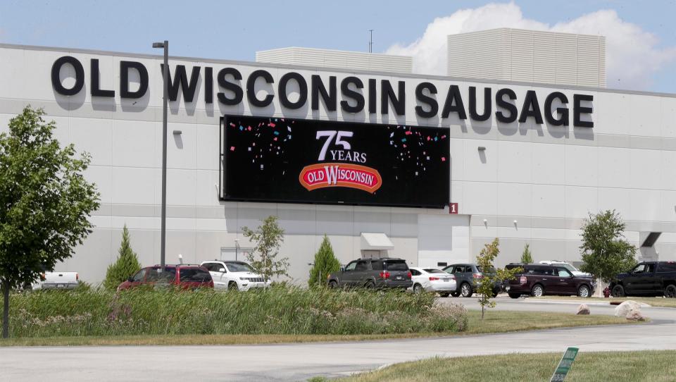 The electronic sign at Old Wisconsin Sausage features the firm's 75th year, Wednesday, July 27, 2022, in Sheboygan, Wis.
