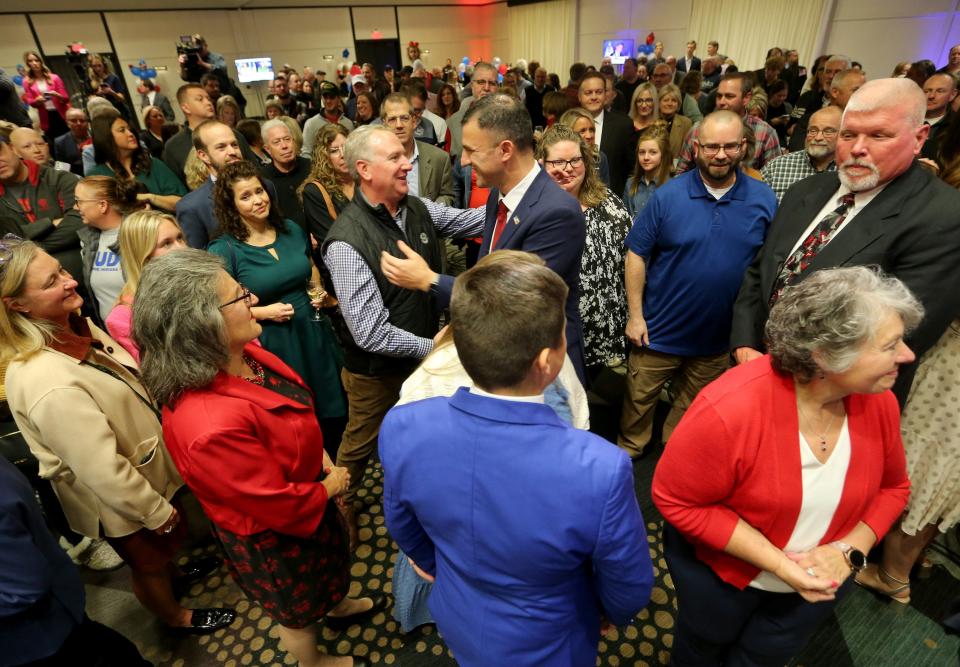 Republican Rudy Yakym greets well-wishers after he speaks Tuesday, Nov. 8, 2022, at the Gillespie Conference Center in South Bend after defeating Democrat Paul Steury in the race for U.S. Representative in Indiana’s 2nd District. 