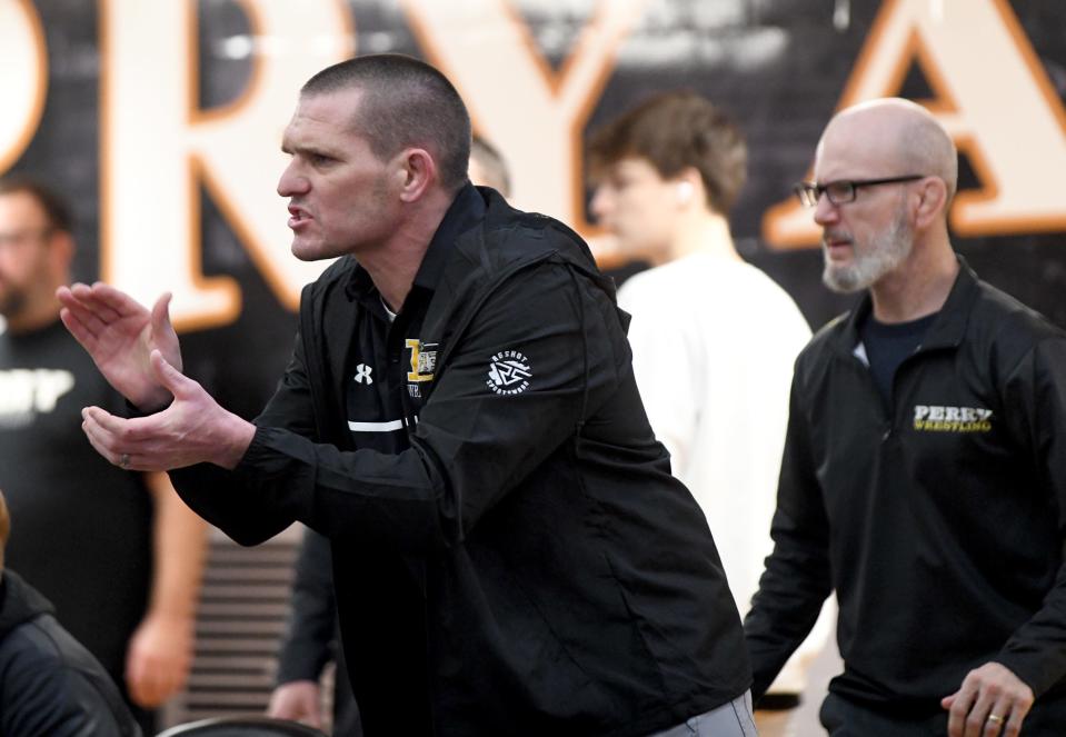 Perry Wrestling Coach Brent McBurney during the Division I OHSWCA District Duals at Perry High School. Saturday, February 03, 2024.