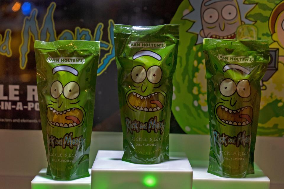 “Pickle Rick” snacks are featured, from Van Holten’s, during The Sweet & Snacks Expo, Tuesday, May 14, 2024 at the Indiana Convention Center.