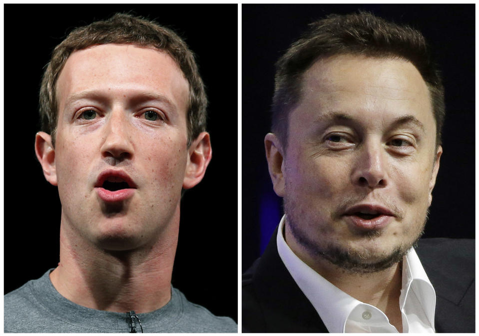 This combo of file images shows Facebook CEO Mark Zuckerberg, left, and Tesla and SpaceX CEO Elon Musk. An online smackdown between tech titans Zuckerberg and Musk over the possible threat of artificial intelligence underlines how little most people know about the rapidly advancing technology. (AP Photo/Manu Fernandez, Stephan Savoia)