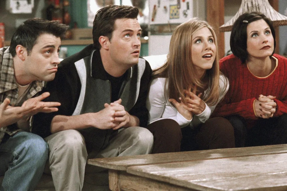 FRIENDS -- &quot;The One With The Embryos&quot; -- Episode 12 -- Aired 1/15/1998 -- Pictured: (l-r) Matt Le Blanc arsenic  Joey Tribbiani, Matthew Perry arsenic  Chandler Bing, Jennifer Aniston arsenic  Rachel Green, Courteney Cox arsenic  Monica Geller (Photo by NBCU Photo Bank/NBCUniversal via Getty Images via Getty Images)