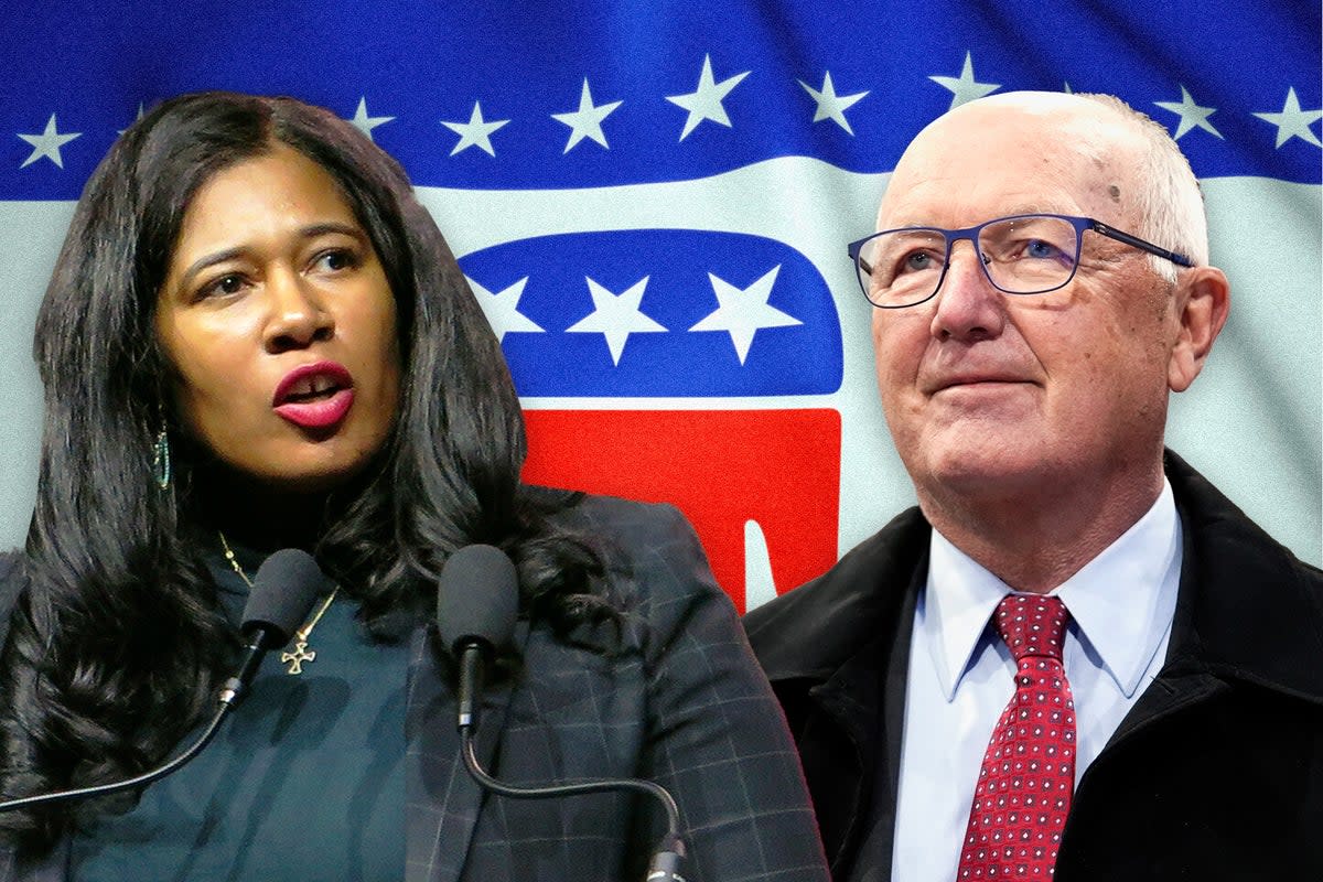 Kristina Karamo, left, insists that she is still the chairwoman of the Michigan GOP, despite losing a leadership vote to Pete Hoekstra, right (AP / iStock)