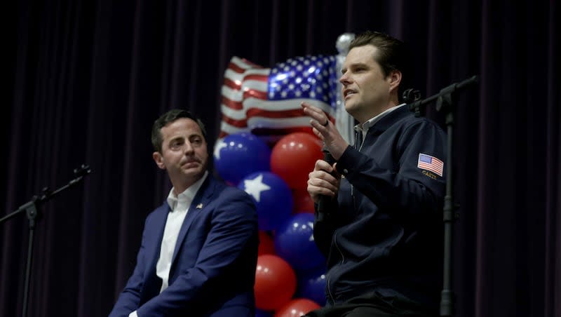 Florida Rep. Matt Gaetz, endorses Riverton Mayor Trent Staggs in his U.S. Senate run Thursday, Mar 28, 2024 at a campaign event in Riverton.