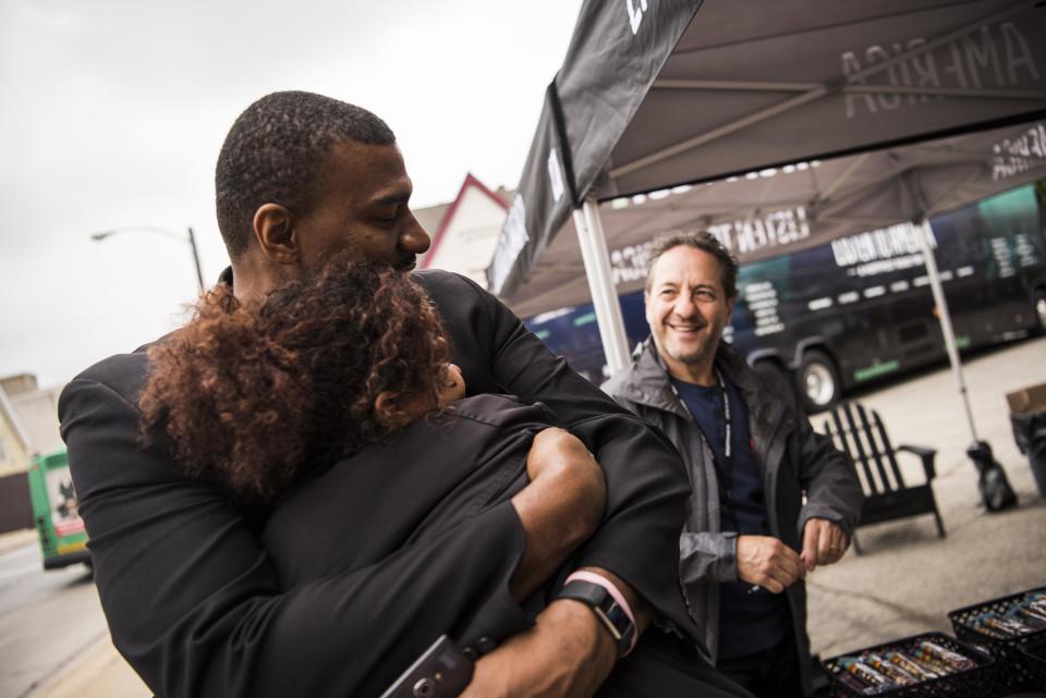 Vikki Porter hugs Bobby Drake&nbsp;before he signs up to be interviewed.