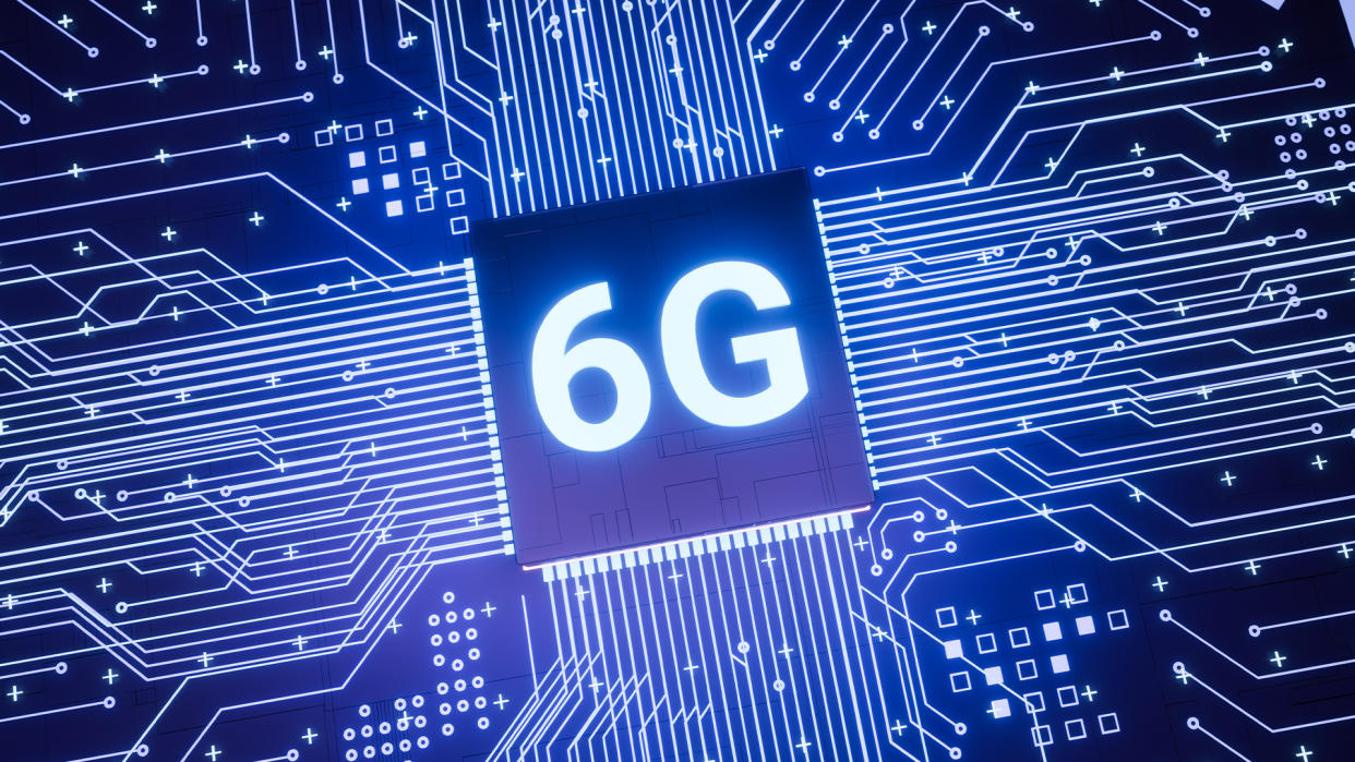  6G support microchip on smartphone circuit board, next generation smart iot communication microprocessor, 3d rendering futuristic fast real time mobile network internet technology concept. 