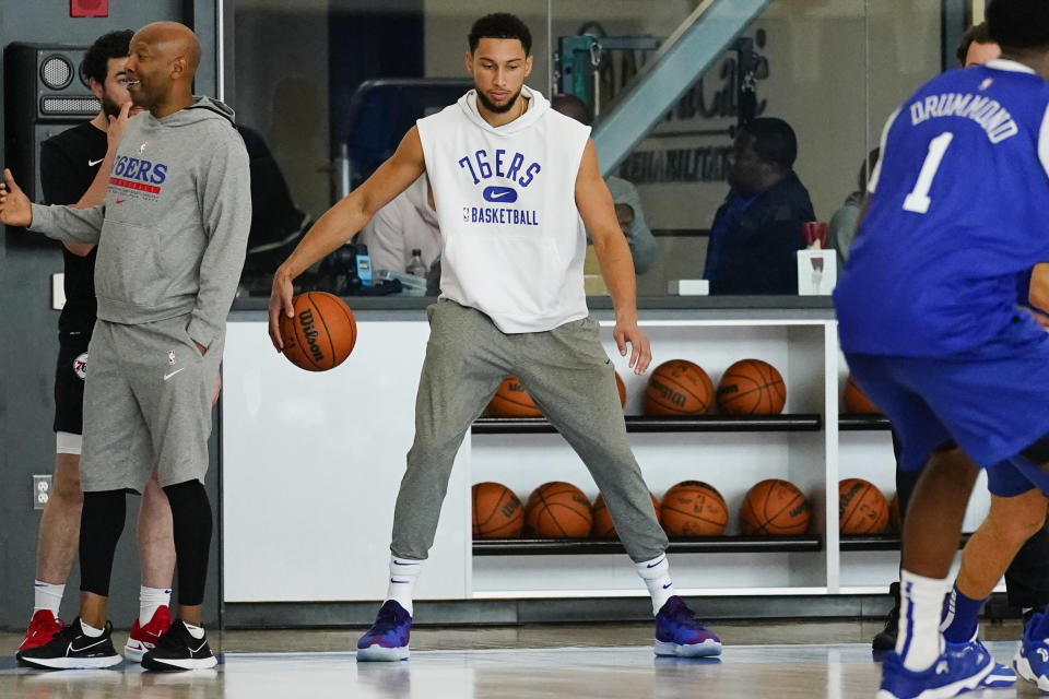 Philadelphia 76ers' Ben Simmons takes part in a practice at the NBA basketball team's facility, Monday, Oct. 18, 2021, in Camden, N.J. (AP Photo/Matt Rourke)