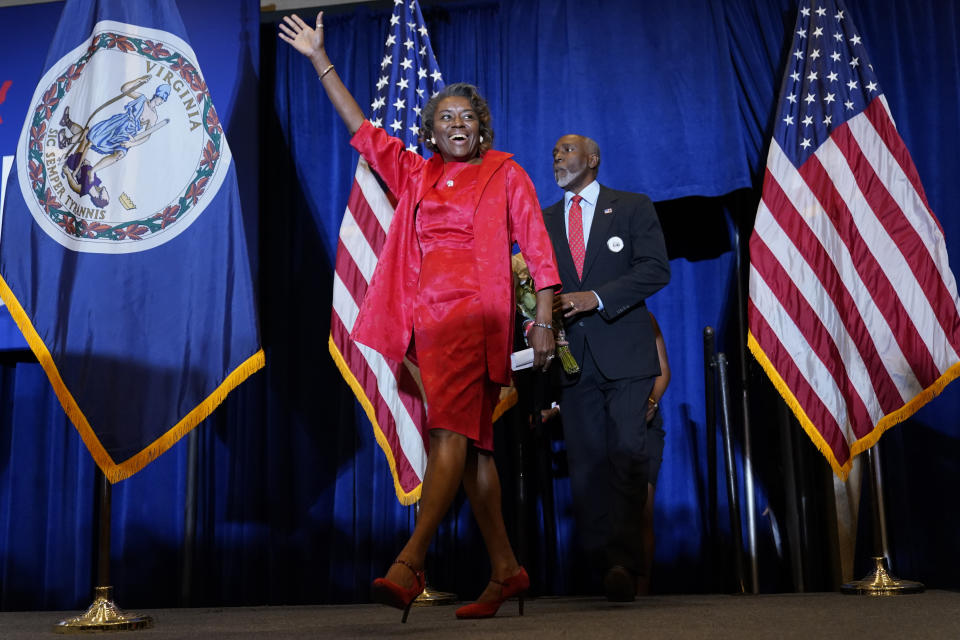 Lt. Gov. Gov.-elect Winsome Sears arrives to speak before Virginia Gov.-elect Glenn Youngkin at an election night party in Chantilly, Va., early Wednesday, Nov. 3, 2021, after he defeated Democrat Terry McAuliffe. (AP Photo/Andrew Harnik)